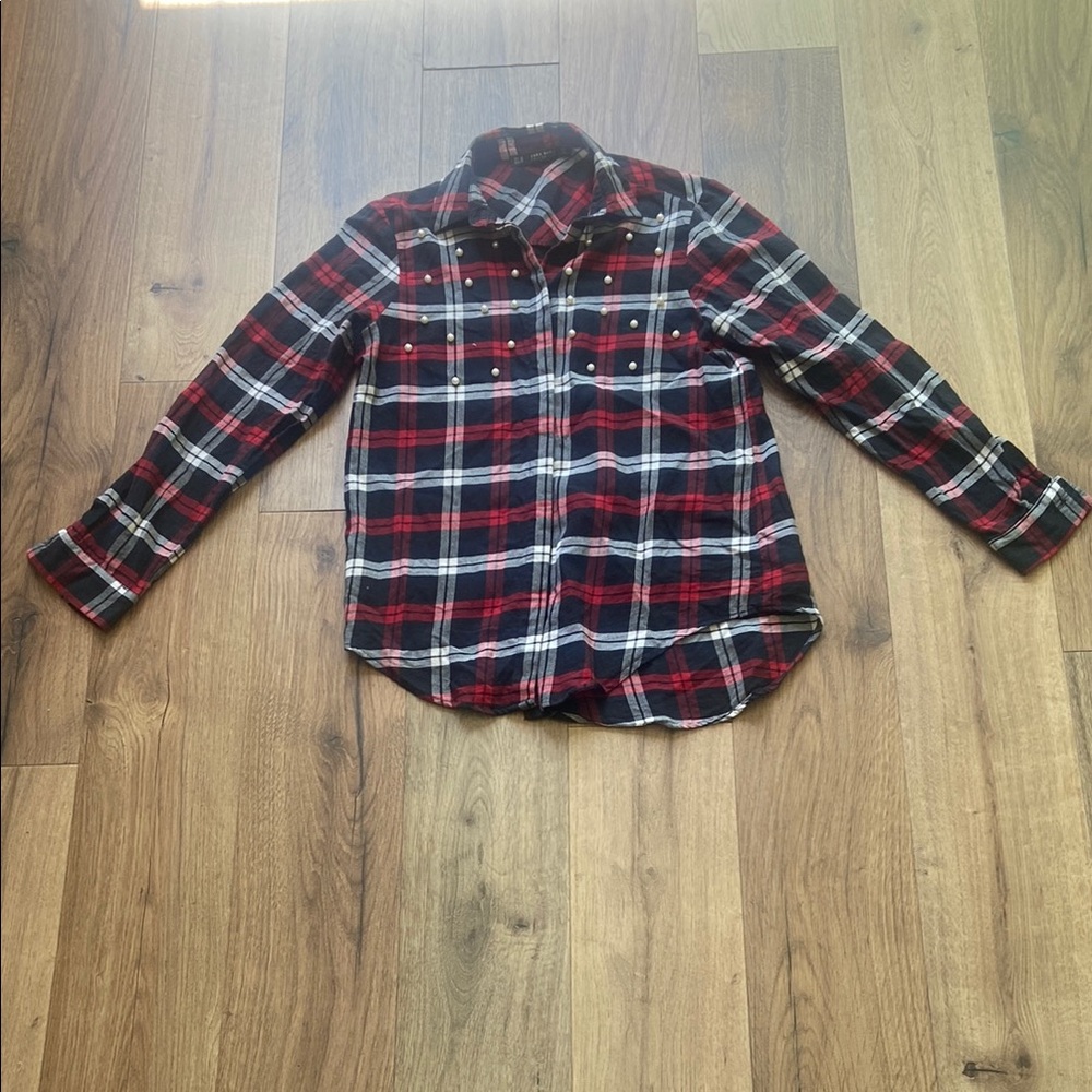 Zara Women's Red and Black Plaid Button Down Shirt